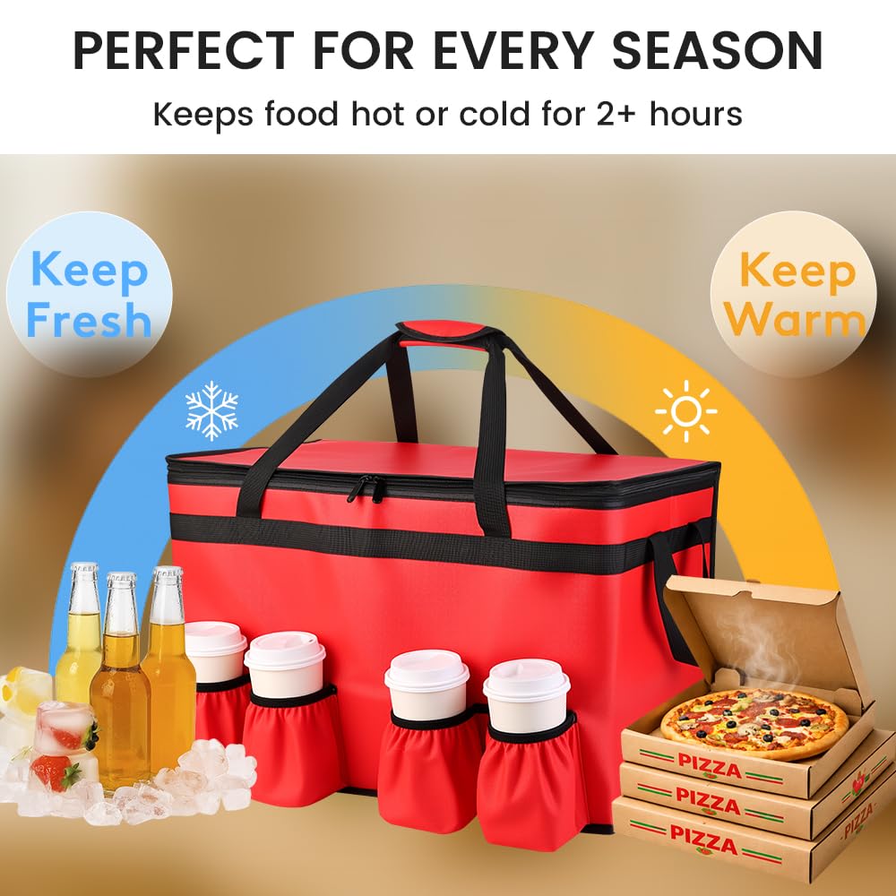 CIVJET Insulated Food Delivery Bag with 4 Cup Holders, XXX-Large Commercial Grade Insulated Grocery Bag, Keep Food Hot/Cold, Heavy Duty Cooler Bag with Drink Carrier, Catering Food Carrier, Red