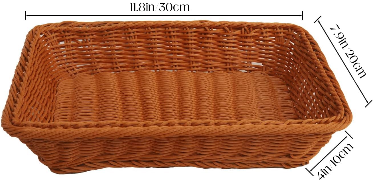 Nsmykhg Imitation Rattan Bread Baskets,3 Pack Poly Wicker Fruit Baskets Woven Bread Baskets,11.8 Inch Bread Baskets & Vegetable Serving Baskets for Display, Home Kitchen,Rectangular Baskets (Brown)
