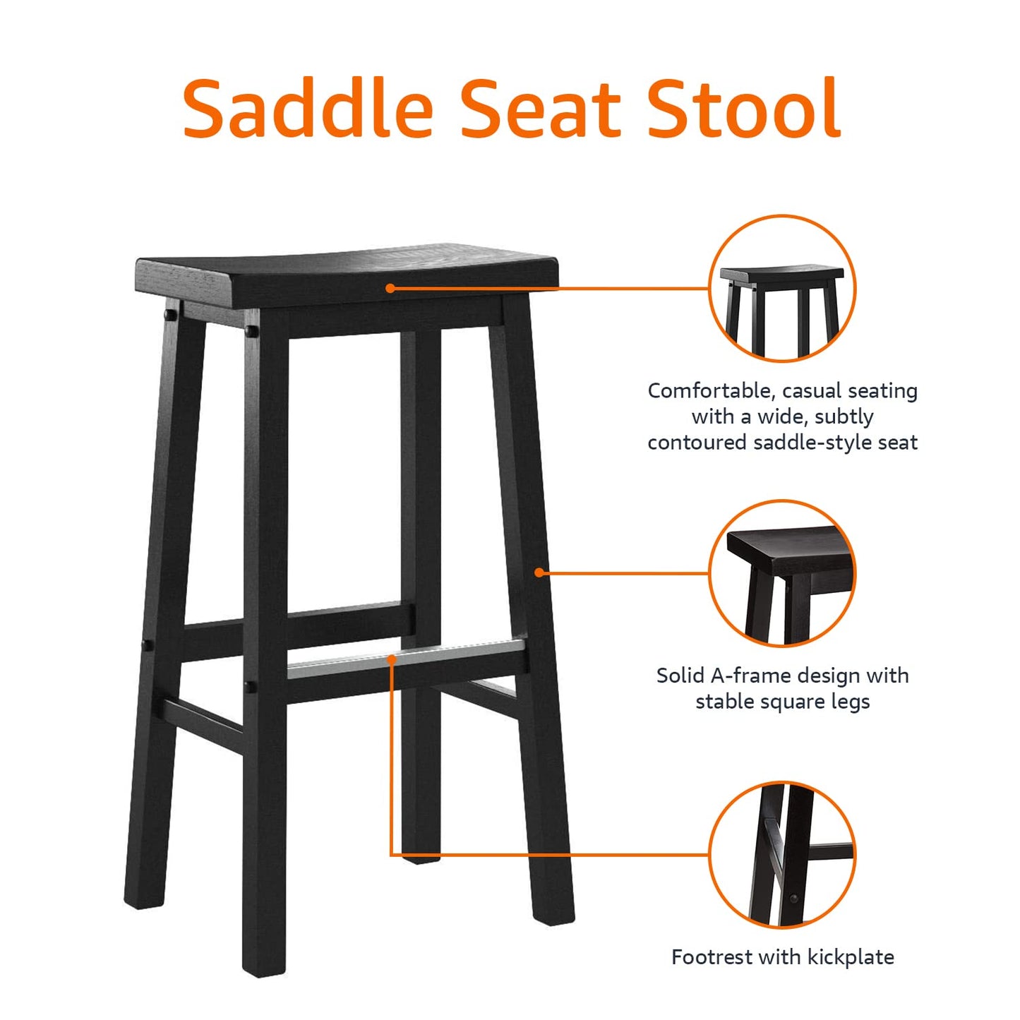 Amazon Basics Solid Wood Saddle-Seat Counter Height Bar Stools for Kitchen Island and Home Bar with Footrest, 29-Inch Height, Black, Set of 2