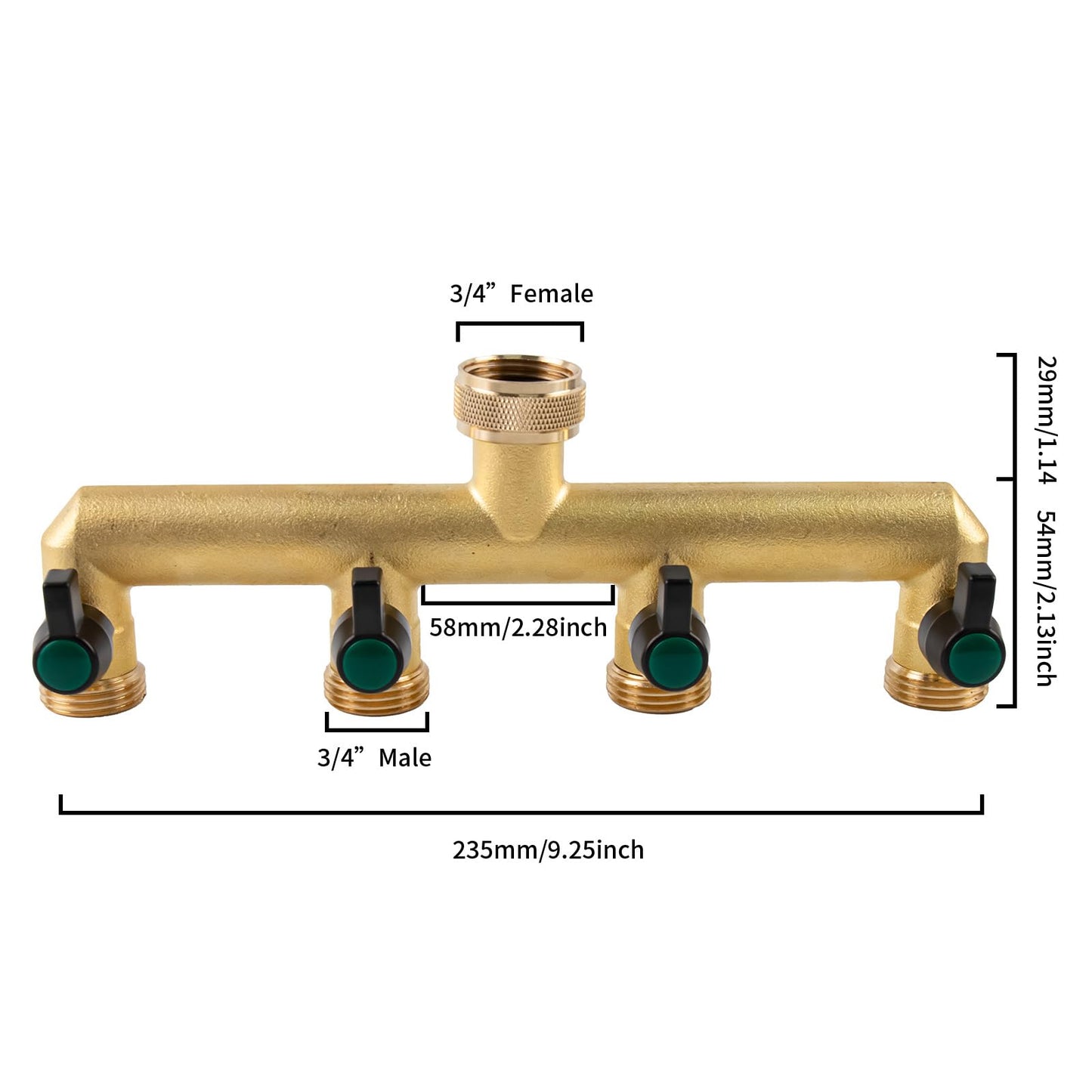 Heavy Duty Solid Brass 4 Way Hose T Tap Connection with 4 Individual On/Off Valve and Extended Handle, Garden Outdoor Pipe Tap Splitter