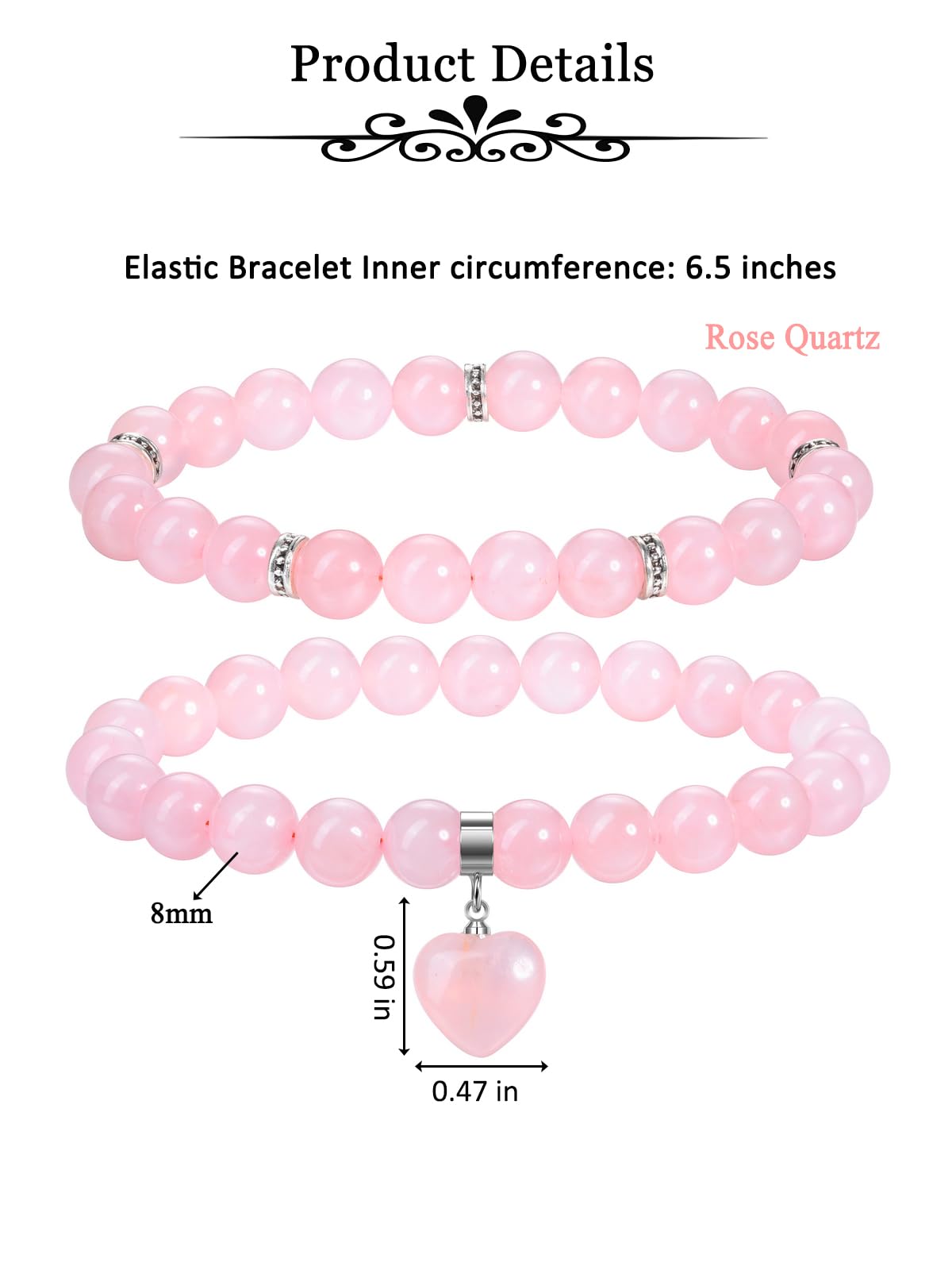 MANIFO 2pcs Rose Quartz Heart Crystal Bracelet for Women Crystal Bracelet Set Gemstone Beads Bracelets Jewellery Gifts for Birthday Valentines Christmas