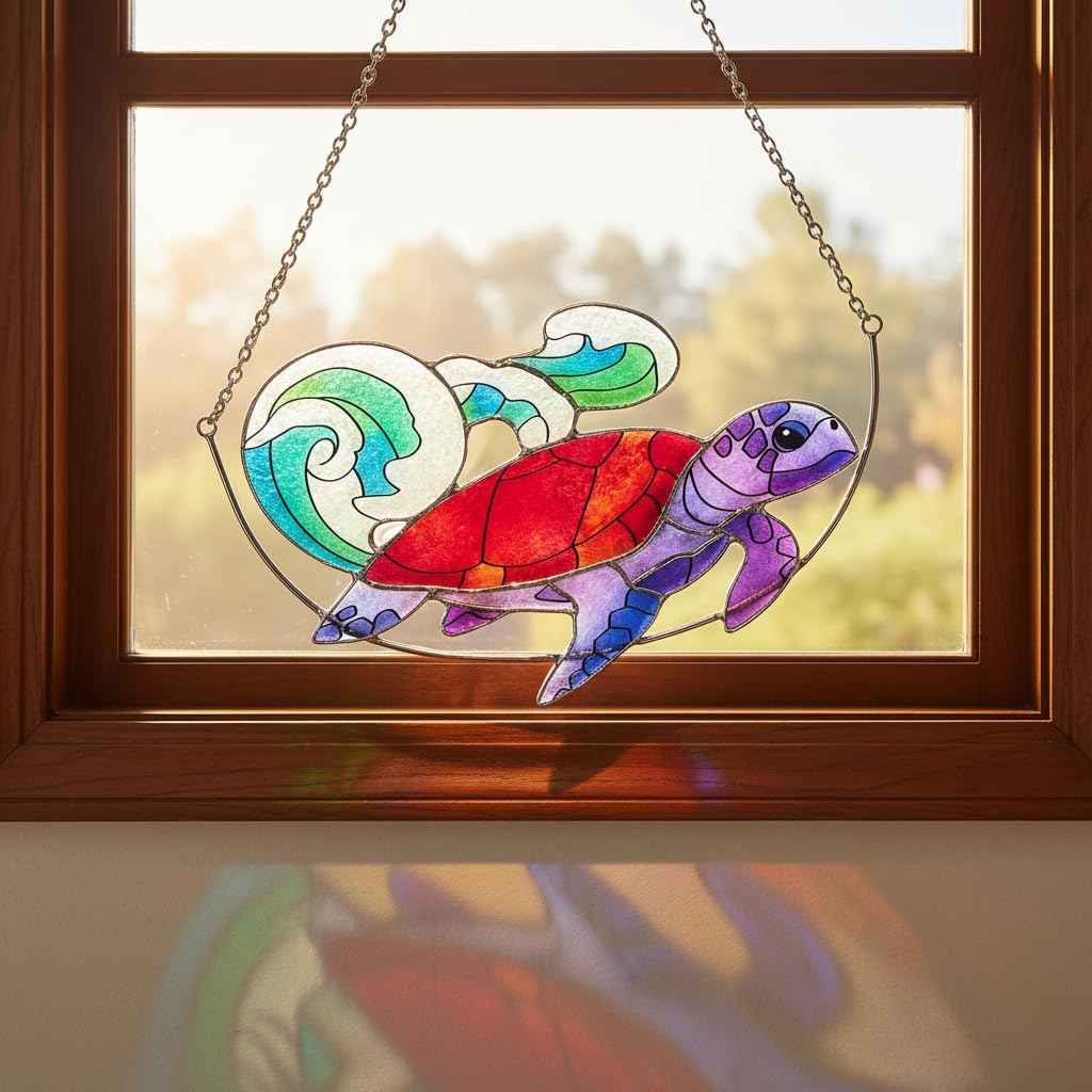 Sea Turtle Stained Glass Window Hanging, Ocean Sea Life Sun Catchers Indoor Panel, Nautical Suncatcher Decor for Home, Wall, Garden, Coastal Ornament Gift for Women, Beach Lovers
