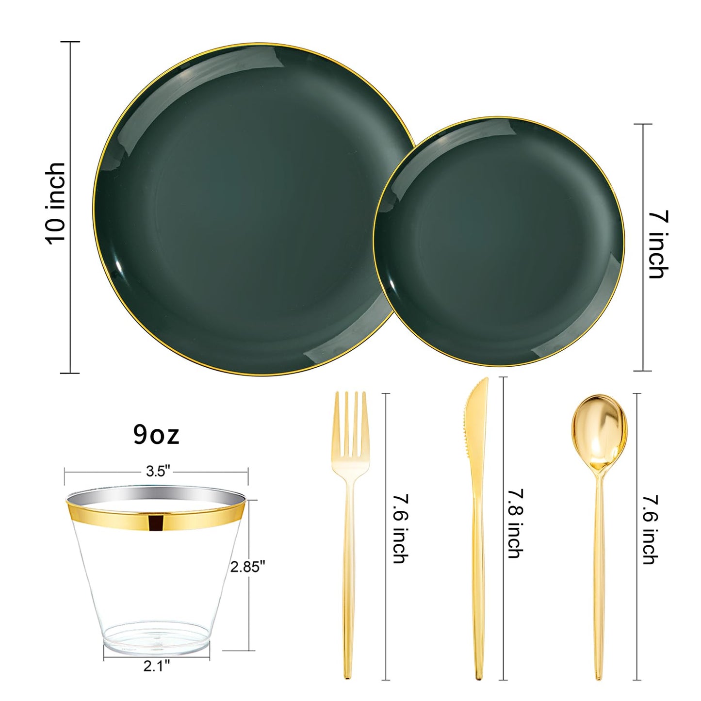 bUCLA 150PCS Green Plastic Plates - Green and Gold Disposable Include 25 Each (Dinner & Dessert) Plates, 25 Knives, 25 Forks, 25 Spoons and 25 Cups, Ideal for Party&Christmas