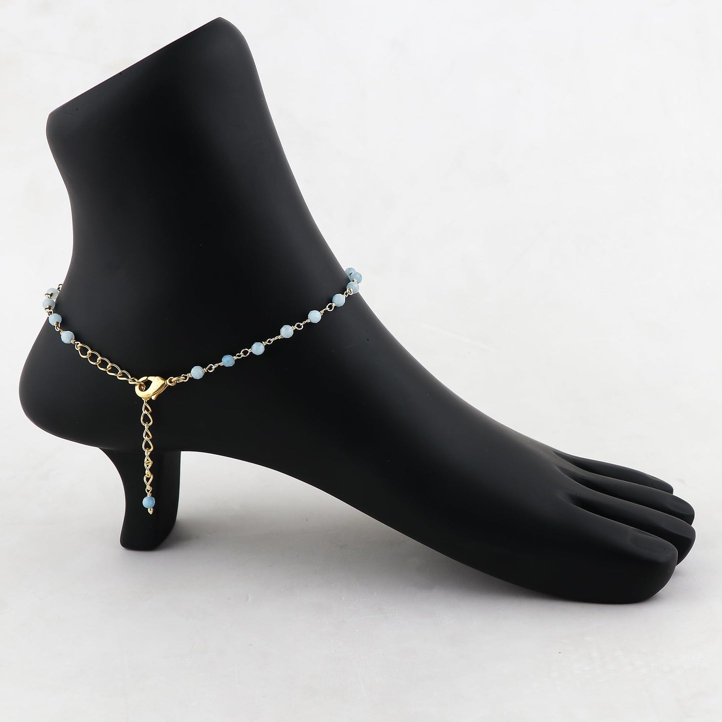 JOR Natural Aquamarine Beaded Rosary Anklet, Handmade Craft, Anklet Beads Bracelet, Chakra Healing Anklet, Gemstone Women Jewelry, Dainty Gold Plated Anklet 9 inch + 1.5 inch (1pcs)