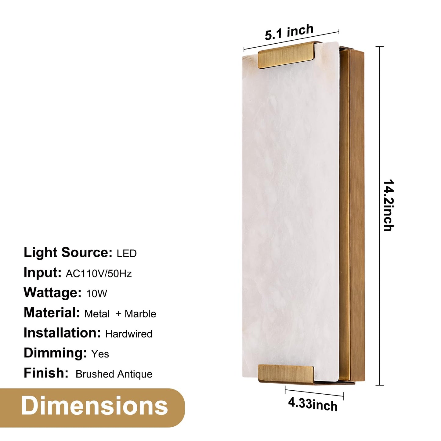 HOMLUCE 14.2in Alabaster Wall Sconce, Large Natural Marble Wall Light Decor, LED Modern Wall Lamp for Bedroom, Stairs, Living Room, Vanity, Bedside, Hallway （Brushed Bronze 12W）