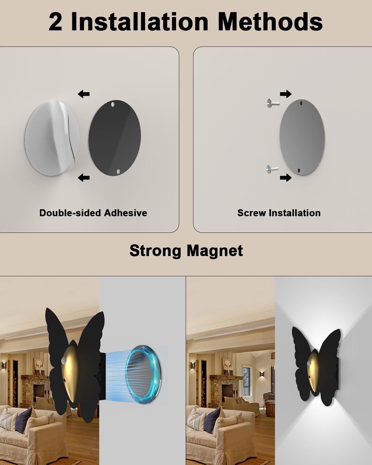 Eneru Battery Operated Wall Sconce Set of 2: 5000mAh Rechargeable Motion Sensor Night Light Wireless Wall Sconces Magnetic Closet Lights Stair Light Indoor Up and Down Wall Lamp for Bedroom Hallway