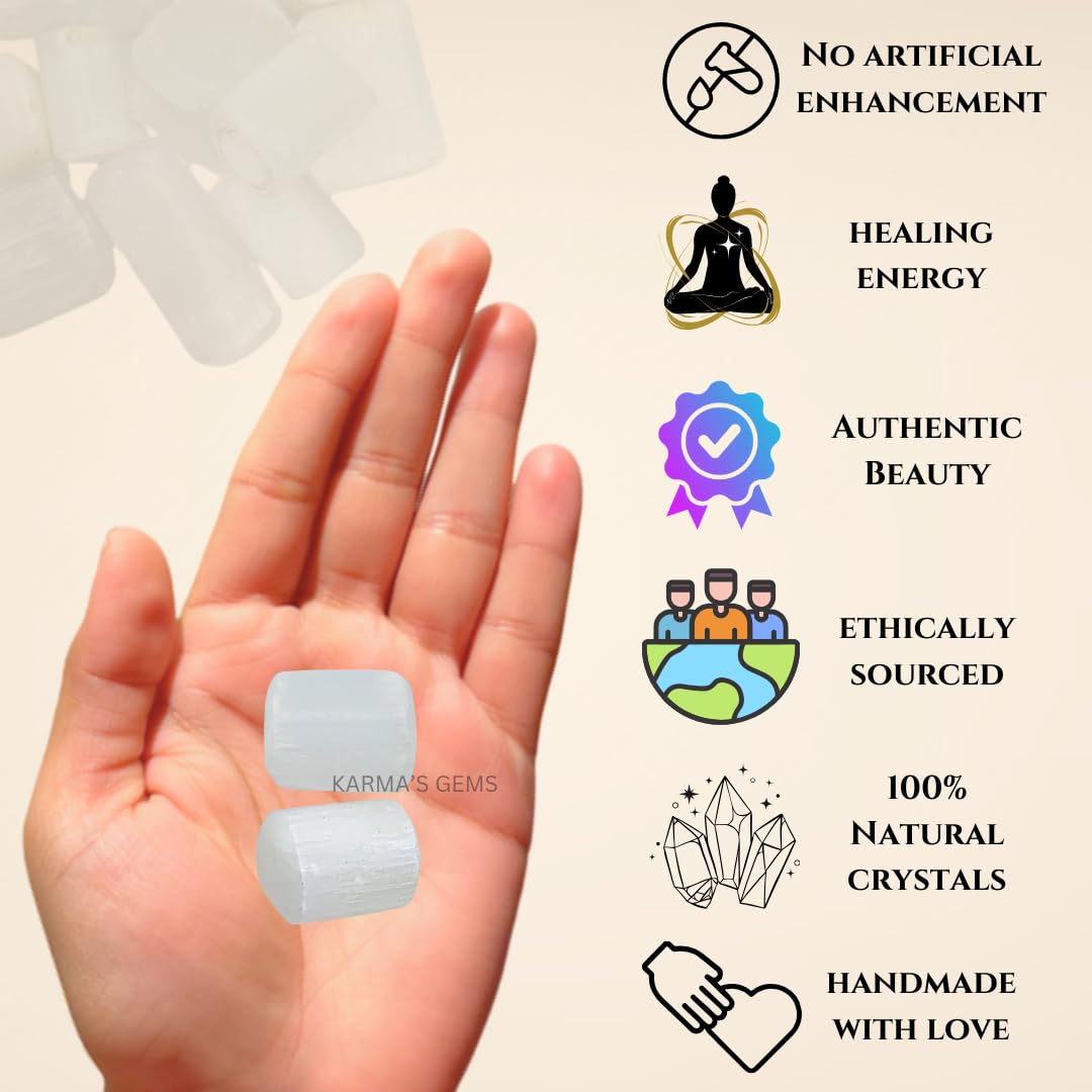 Karma Gems Selenite Tumbled Stones Natural Crystal Kit for Reiki Healing Crystal Polished, Tumble Stones, Chakra Balancing, Reiki Gift, Home Decor (15-25 MM)
