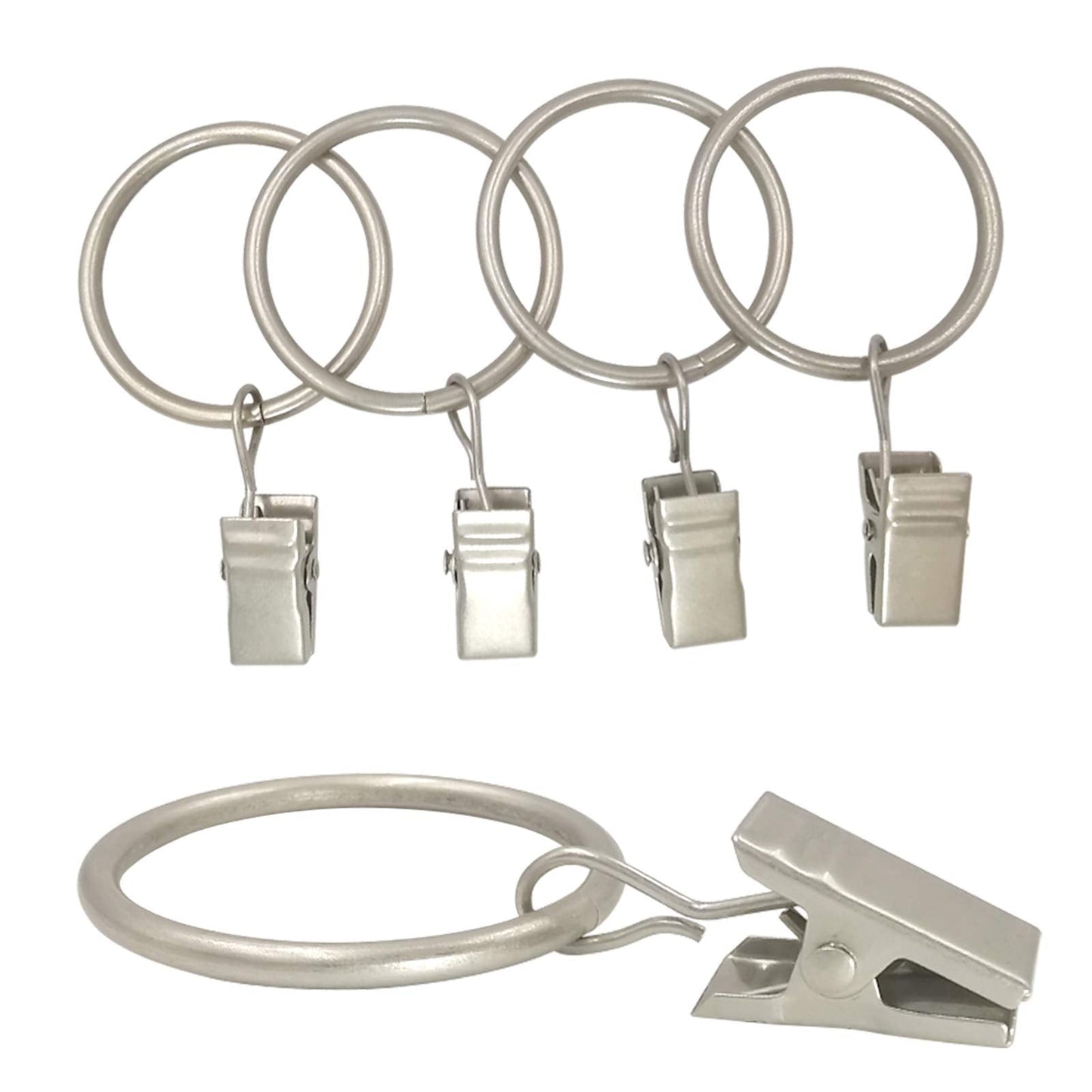 AMZSEVEN 40 Pack Curtain Rings with Clips, Drapery Clips with Rings, Drapes Rings 1.26 in Interior Diameter, Fits up to 1 in Curtain Rod, Matte Silver