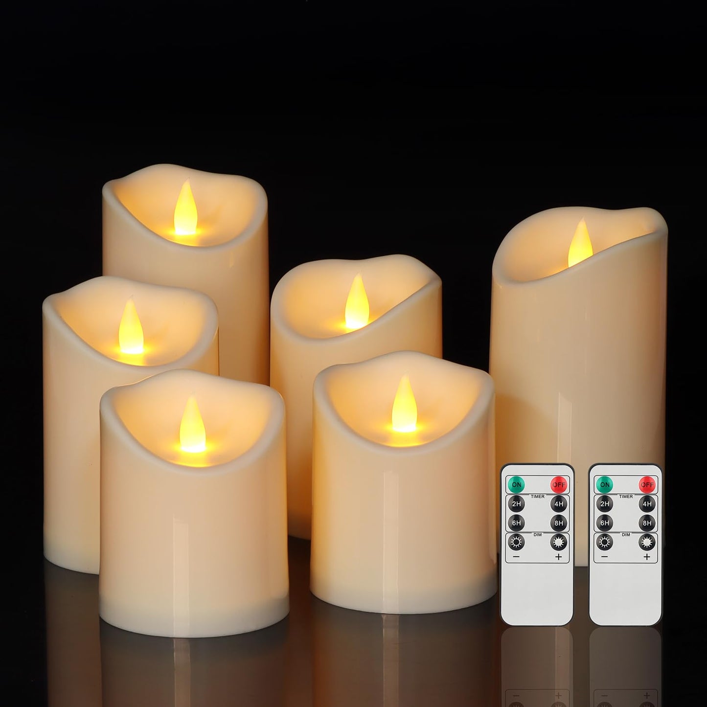 Haown Outdoor Indoor Flameless Candles, Patented 3D Dual-LED, Set of 6 Slanted Top Durable Plastic Pillars with 2 Remotes & Timer, Non-Melting Waterproof Battery Candles for Patio Garden (Ivory)