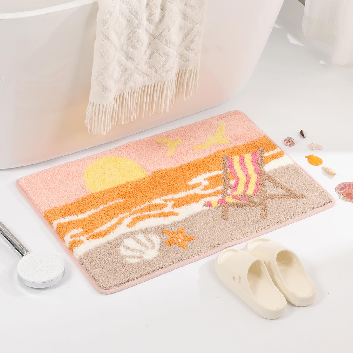 Cute Beach Bath Rug Super Absorbent Non Slip Modern Bathroom Mat Machine Washable Fluffy Carpet for Tub, Shower and Bedroom (Pink Beach, 23"x16")