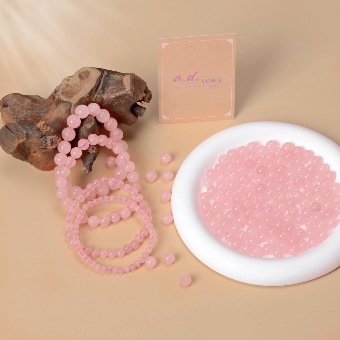 AD Beads Handmade Gemstone Stretch Elastic Bracelet Crystal Healing Reiki Nature's Beauty and Spiritual Essence Unisex (8mm, Rose Quartz)