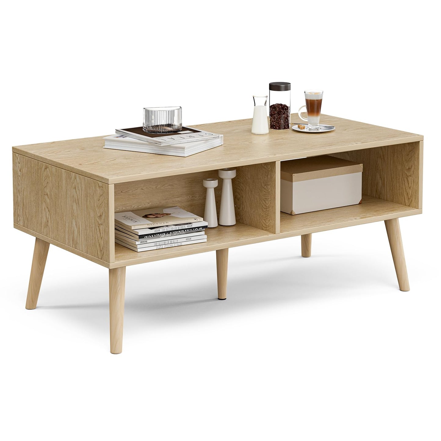 ZttRiee Coffee Table with Storage, Boho Dining Table with Rattan Drawer and Solid Wood Legs, Small Coffee Tables for Living Room, Oak