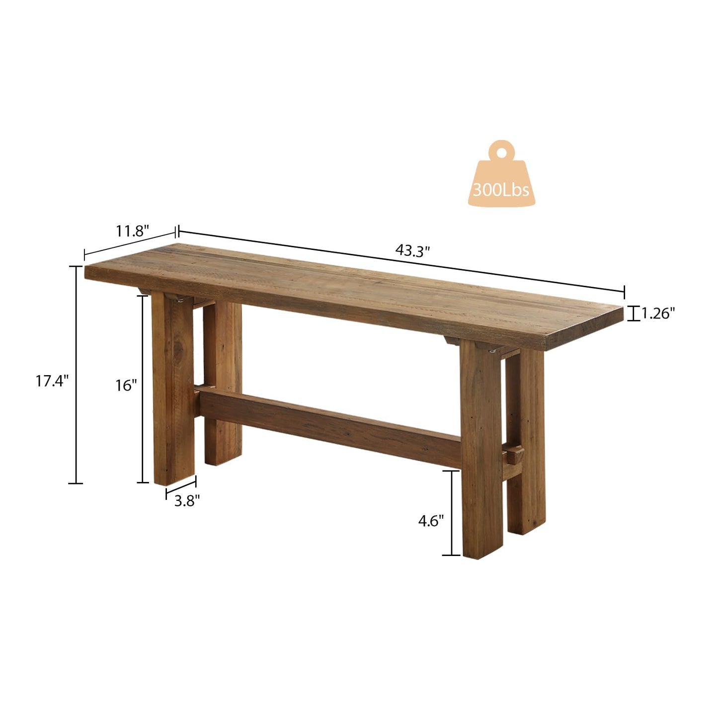 HOKYHOKY Reclaimed Solid Wood Bench, 43.3" Farmhouse Entryway Bench for Hallway, Kitchen, Dining, Bedroom, Narrow Indoor Bench with Rustic Charm