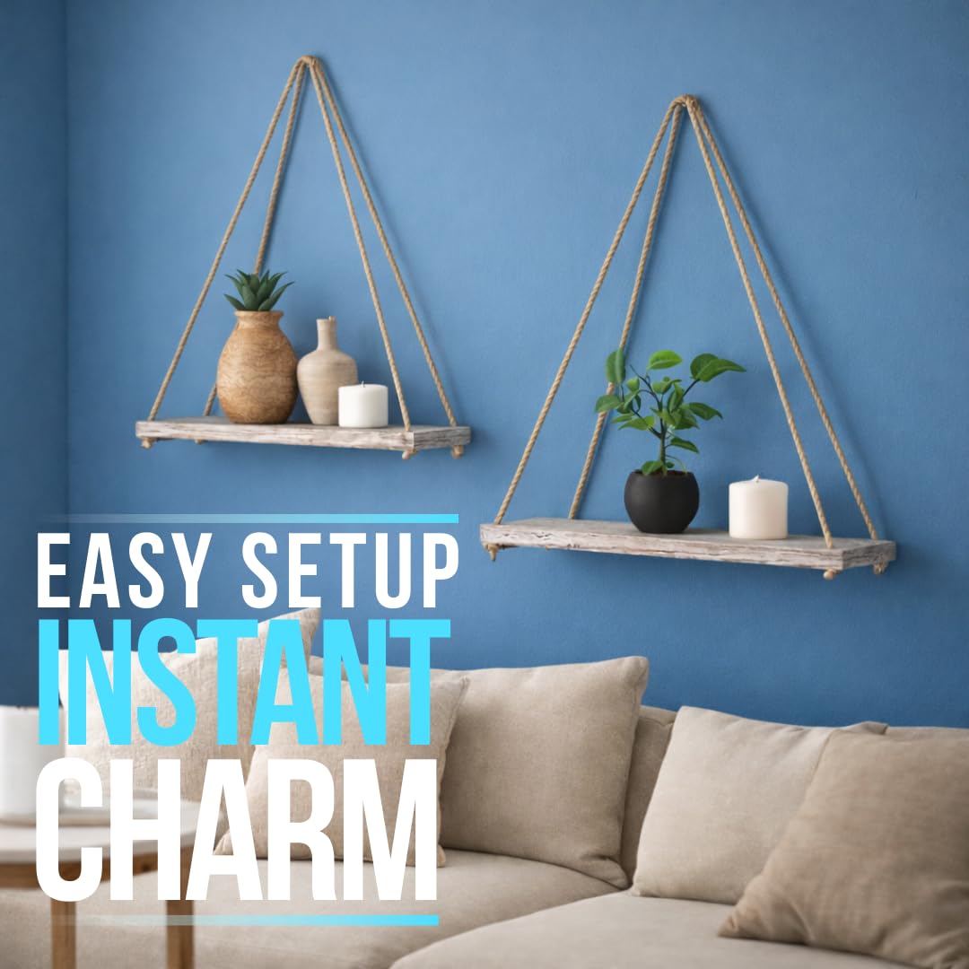 Comfify Hanging Shelves for Wall - Set of 2 – Rustic Farmhouse Boho Shelves with String – 17”x5.2” – Thick Distressed, Torched Look Real Wood - Rustic White