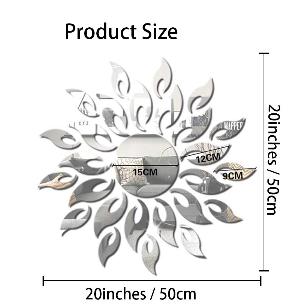 Sunflower Mirror Wall Stickers Decor, Round Acrylic DIY Self-Adhesive Wall Art Decals Miroir Mural Home Decorations for Living Room, Bedroom, TV Background Home Décor（Silver）