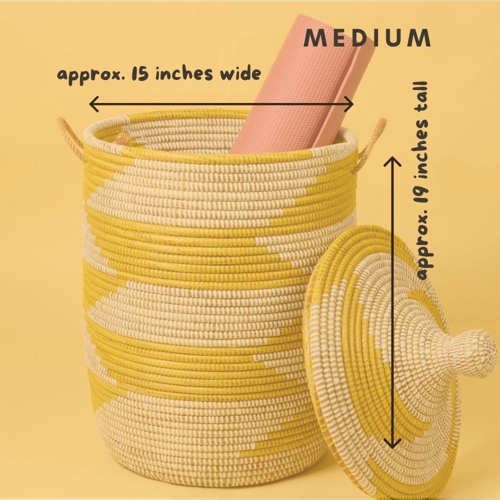 Medium Yellow Basket - Organize Bedroom, Living Room, Nursery - Laundry Hamper, Toy Bin, Blanket Storage, Towels Holder - Decorative, Boho Style - Wicker, Woven, Lid, Handles
