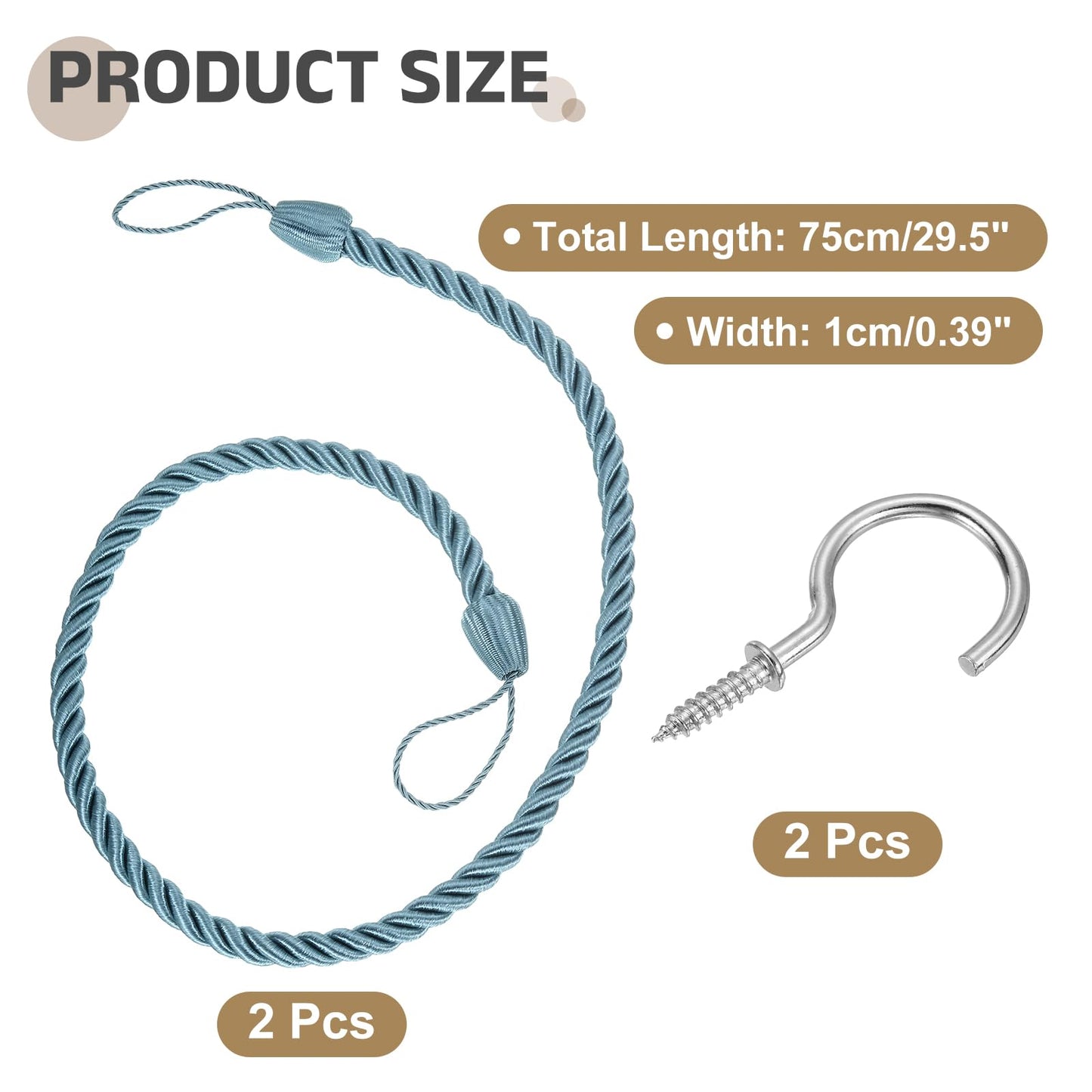 uxcell 2 Pack Curtain Tiebacks, 75cm/29.5" Braided Drapery Holdback Holder Decorative Rope Tie Back with Metal Screw Hooks for Home Office Decor, Gray Blue