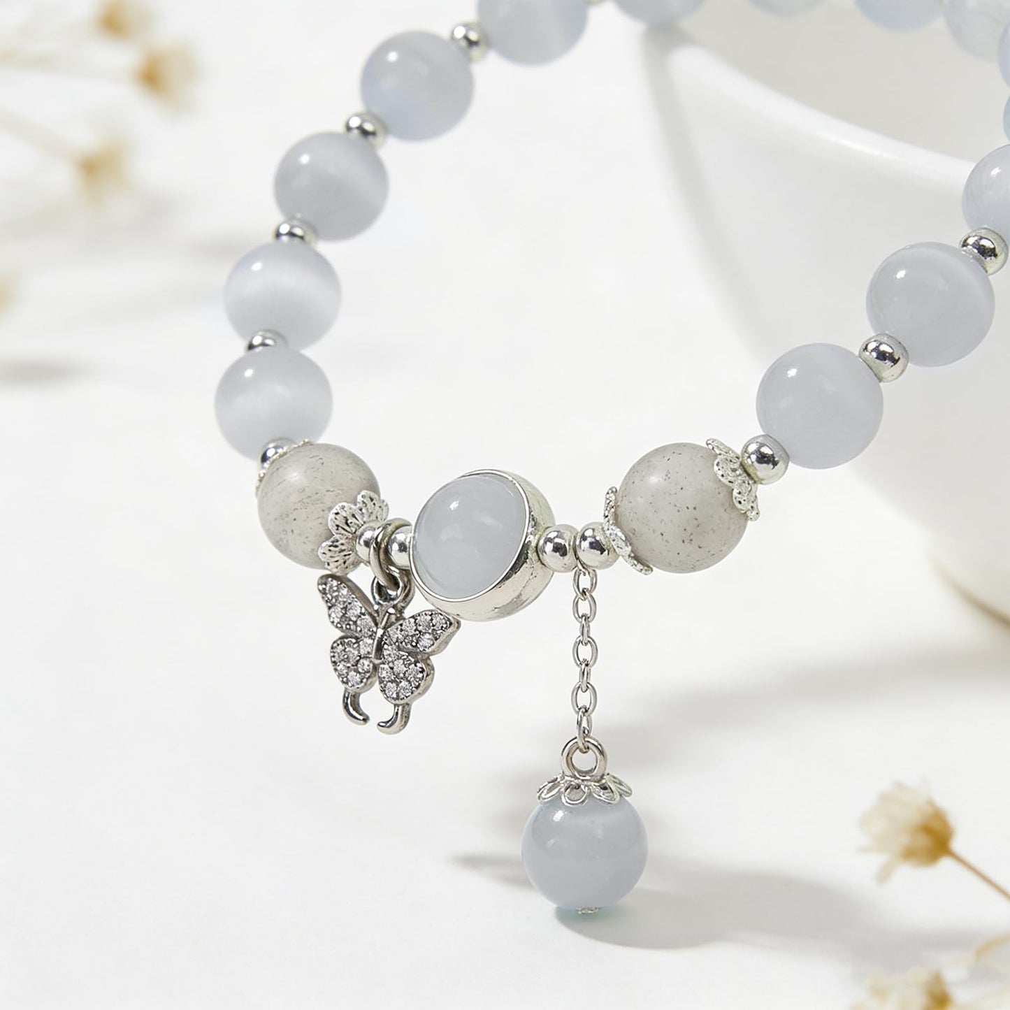 Buddha Stones Butterfly Bracelets for Women, 8mm Cats Eye Stone Bracelet with Gray Moonstone Labradorite Butterfly Charm Healing Crystal Beaded Bracelet Meditation Spiritual Jewelry Mothers Day Gifts