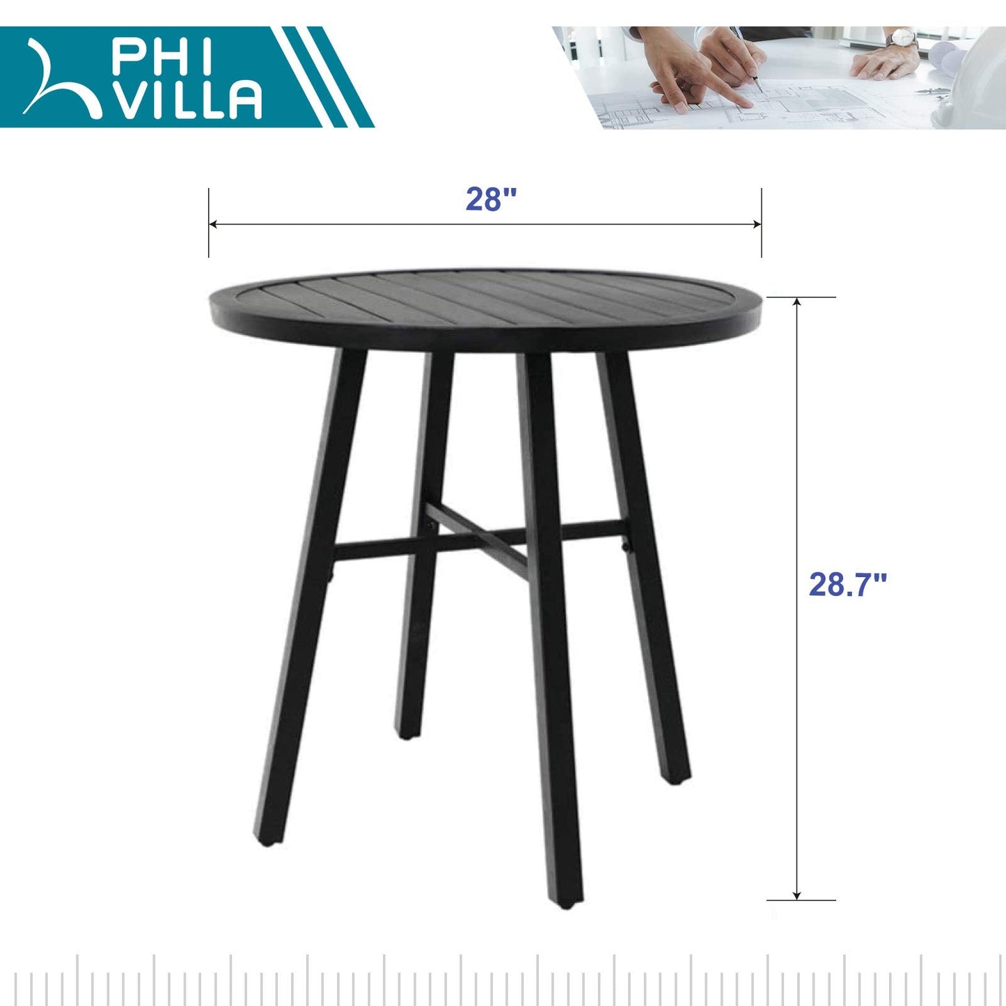 PHI VILLA 28 Inch Patio Bistro Table, Outdoor Round Weather-Resistant Metal End Small Dining Table, Outside Side Table for Balcony, Deck, Porch - Black