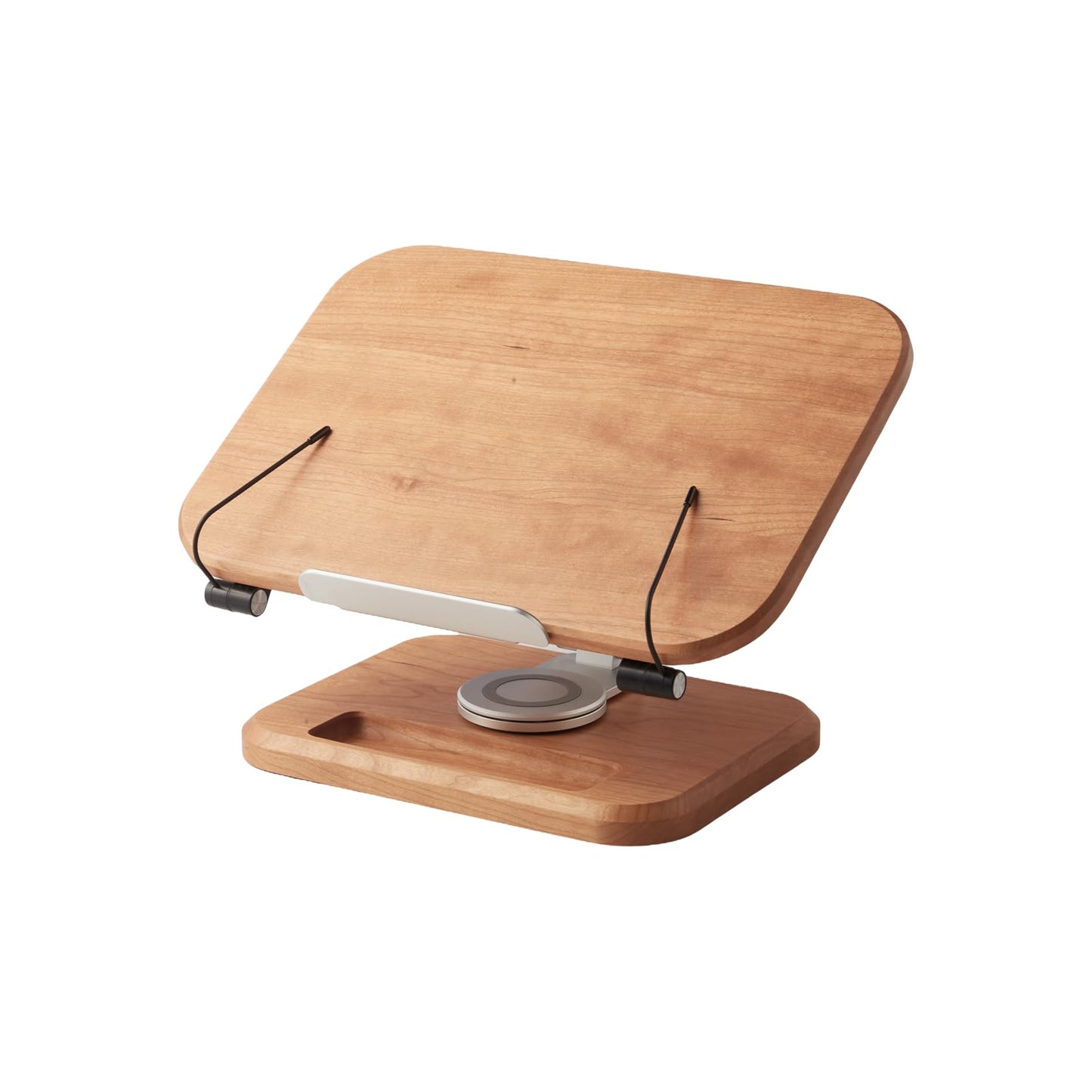 Book Stand for Reading, Mayhas Adjustable Book Holder with 360° Swivel Base&Page Clips, Foldable Desktop Stand for Cookbook, Fits All Books (Cherry Wood, Wood Base)