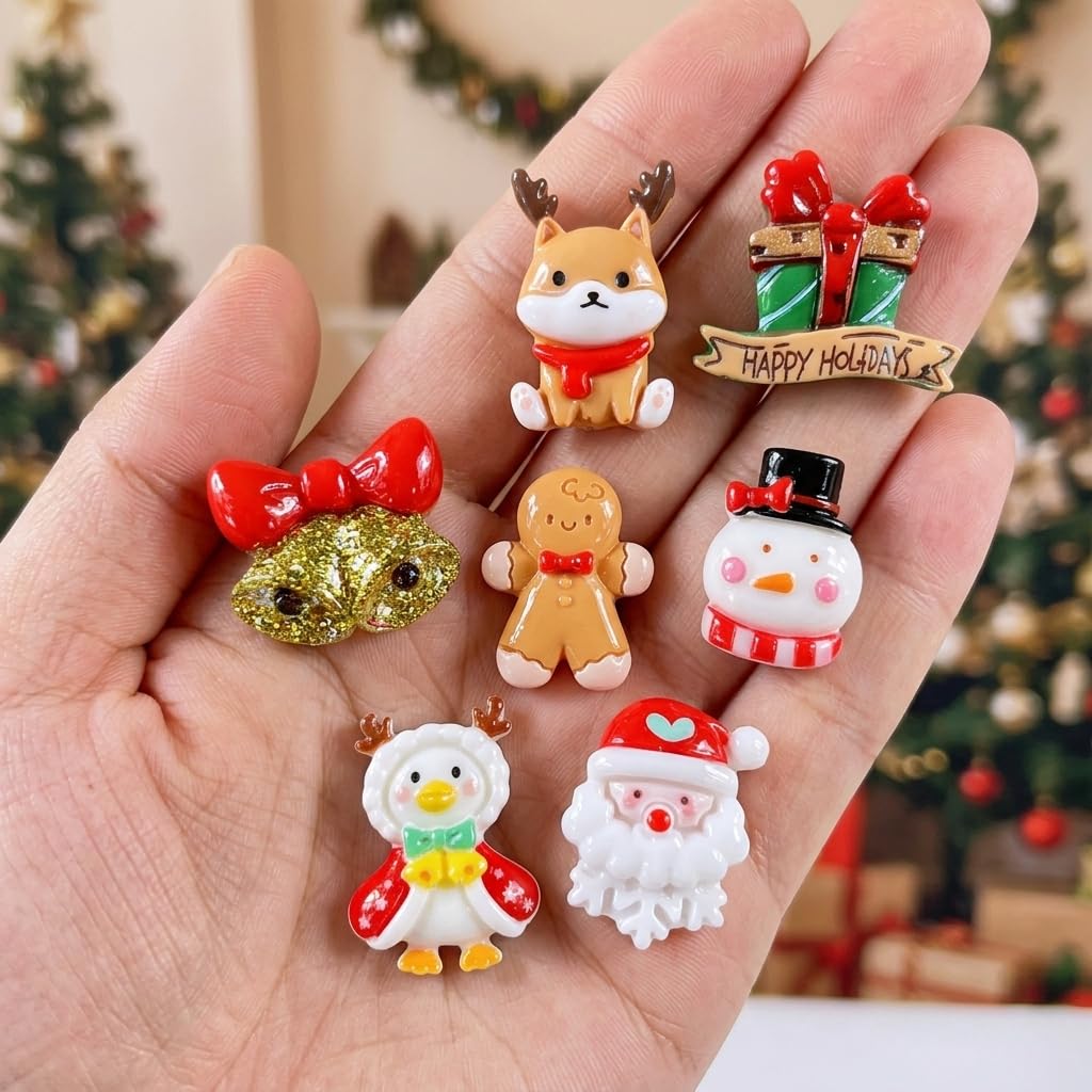Christmas Resin Embellishments, 40 Pieces Assorted Styles Xmas Tree Santa Claus Snowman Gift Box Design Resin Flatbacks for DIY Crafting, Phone Case,Scrapbooking (Red)
