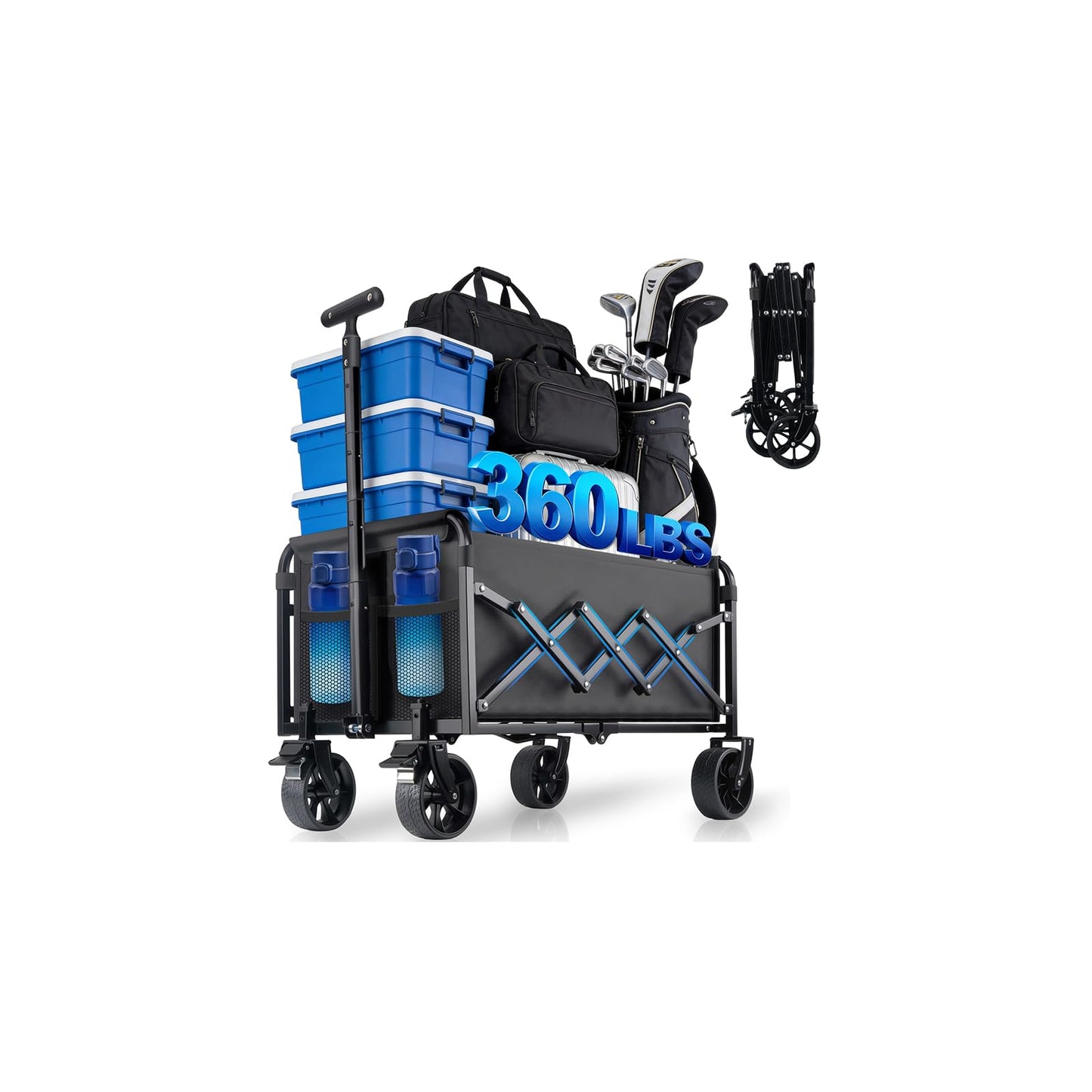 Collapsible Wagon Cart Foldable with Wheels - Heavy Duty 360LBS Portable Folding Utility Shopping Cart with 360° Swivel Brakes Wheels & Cup Holders for Outdoor Camping Beach Grocery Garden
