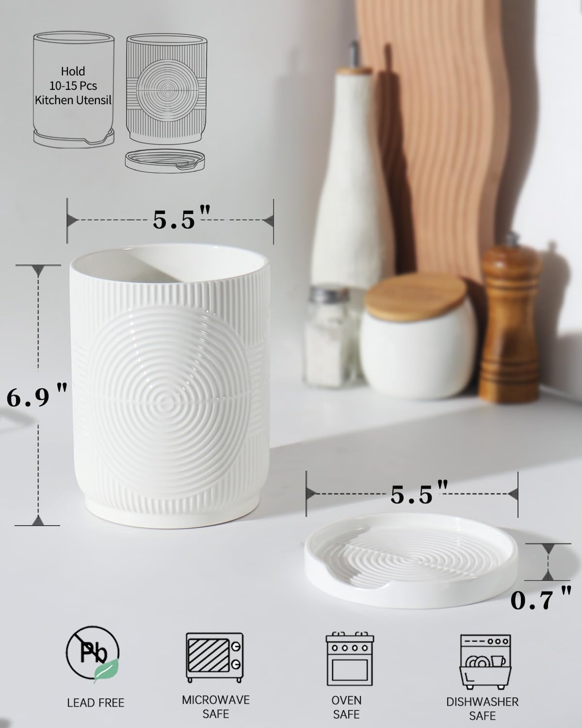 Swkien Utensil Holder, 7.2" Kitchen Utensil Holder for Counter, 2-in-1 Ceramic Cooking Utensils Holders with Spoon Rest, Utensil Crock for Spatula, Ideal Housewarming Gift (White)