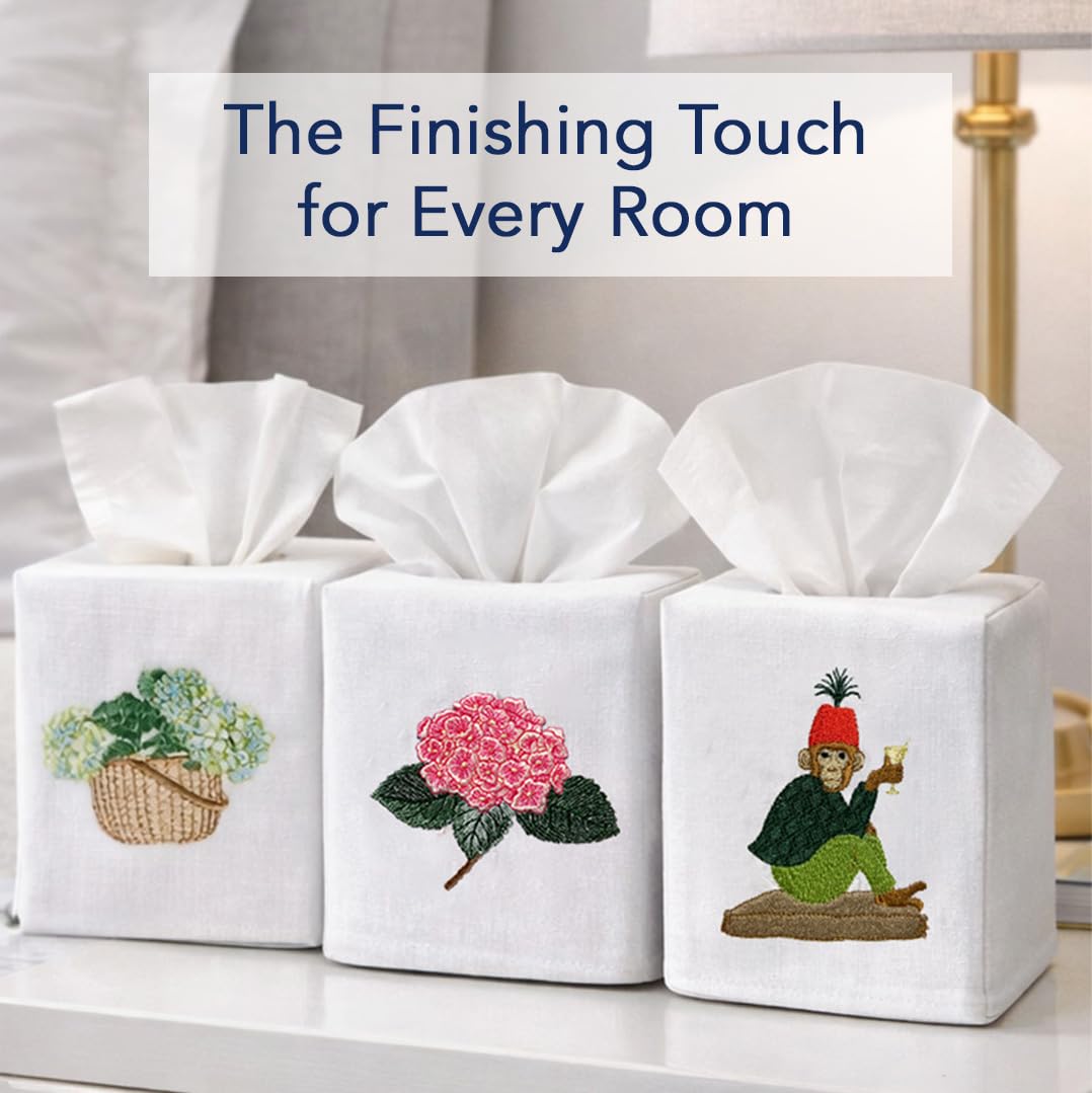 Jacaranda Living Square Tissue Box Cover, Linen/Cotton Fabric Tissue Holder, Decorative Cloth Tissue Cube Cover, Cover, Botanical Designs, Potted Primrose (Pink)