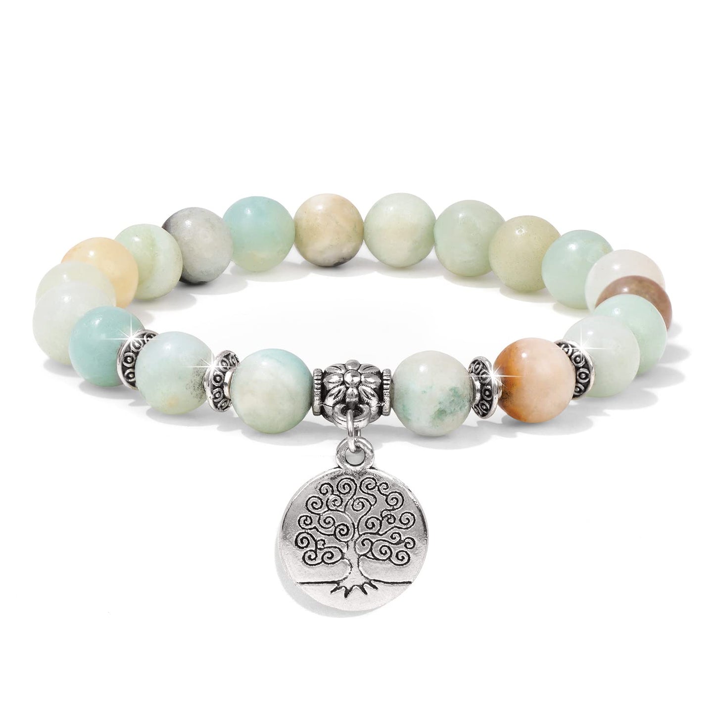 GolbalJew Healing Bracelet For Women Anxiety Amazonite Beaded Bracelets Jewelry Healing Stone Tree of Life Pendant Bracelet Stress Relief Yoga Beads Chakra Bracelets Gifts For Women