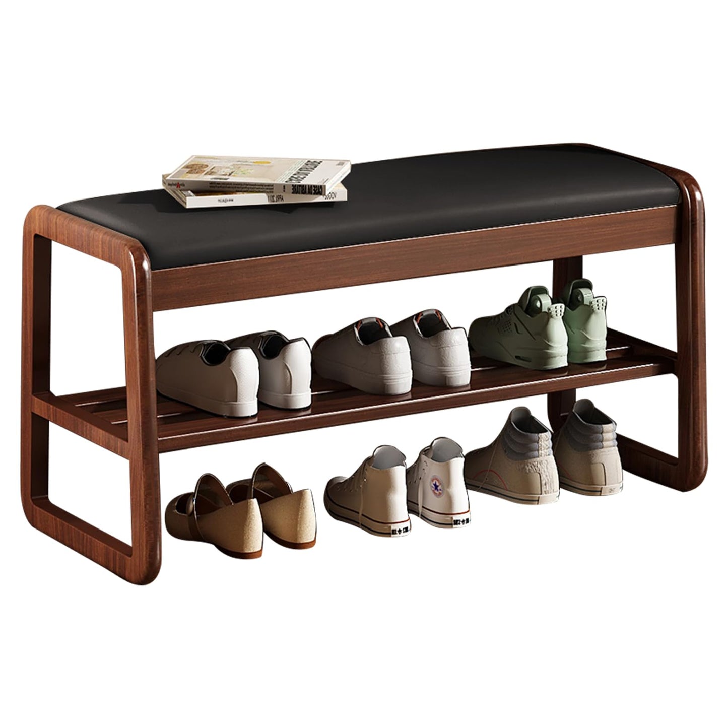 HOOTSMALL Wooden Shoe Storage Bench with Padded Top Cushion, Two-Tier Wooden Shoe Rack, Suitable for Bedrooms and Living Rooms, Black Walnut(31.5'')