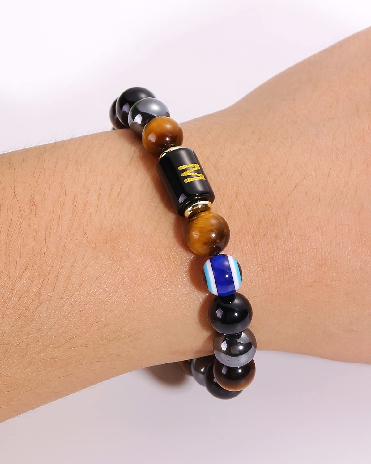 Dayka Initial Triple Protection Bracelet for Men,Black Evil Eye Tiger Eye Hematite Obsidian Good Luck Healing Crystal Stones Mens Bead Bracelet Jewelry Gift (F initial bracelet, Triple Protection)