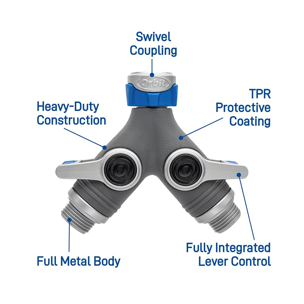 Orbit XL 2-Way Garden Hose Splitter – Dual Valves, Heavy-Duty Zinc Y Connector, Easy-Grip Lever Shut-Off 28294