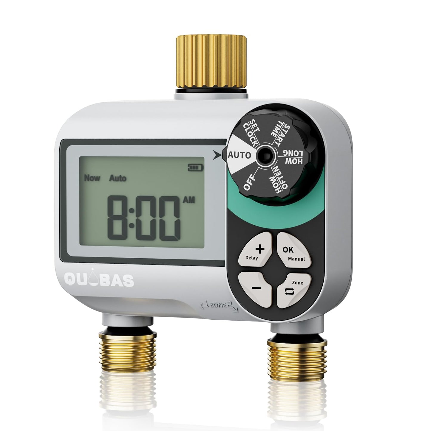 QUOBAS Brass Sprinkler Timer, Programmable Water Hose Timer for Garden Hose Faucet with Waterproof LCD Screen, Rain Delay/Manual/Automatic Irrigation Watering System for Garden, Lawn, Yard - 2 Zone