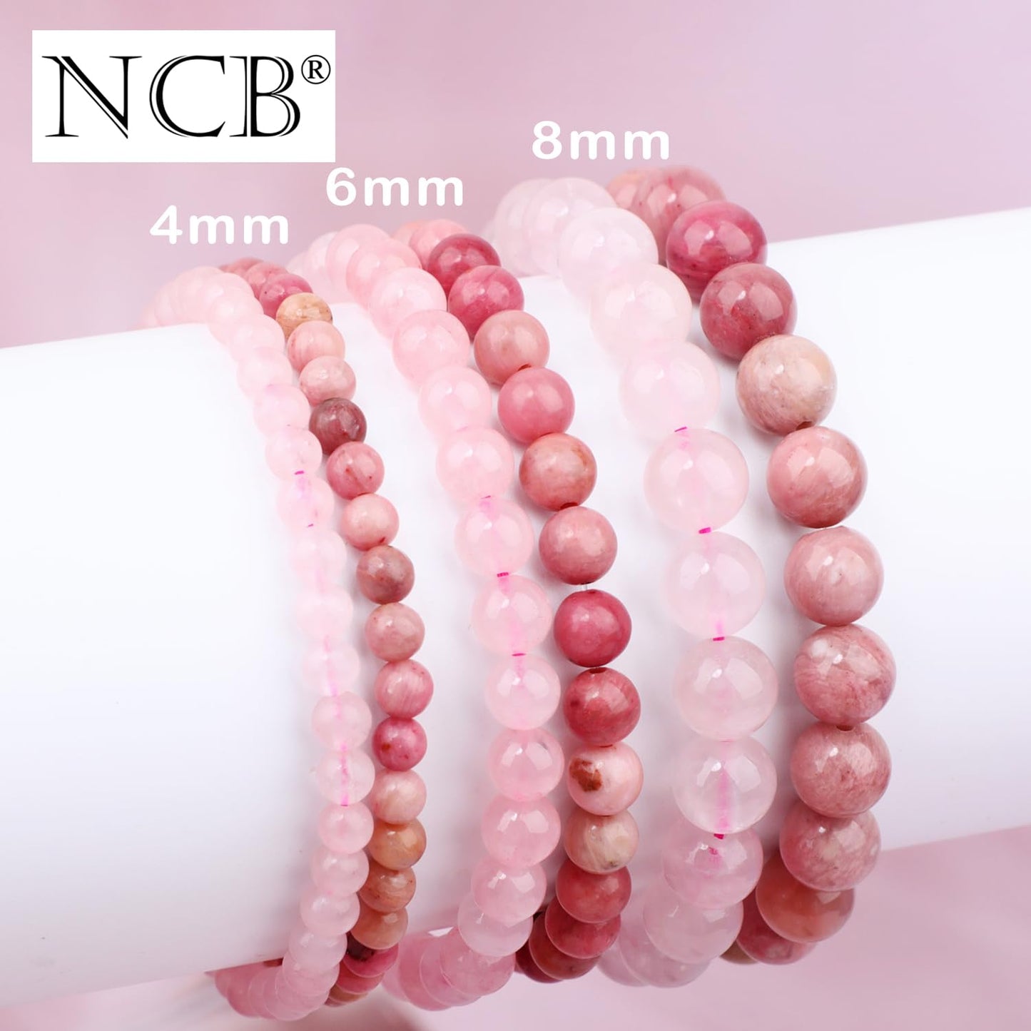 NCB 2-Piece 6mm Natural Crystal Gemstone Stretch Bracelets – ﻿Pink Quartz, Rhodochrosite Handmade Reiki Energy Healing Jewelry for Meditation,Yoga, Unisex