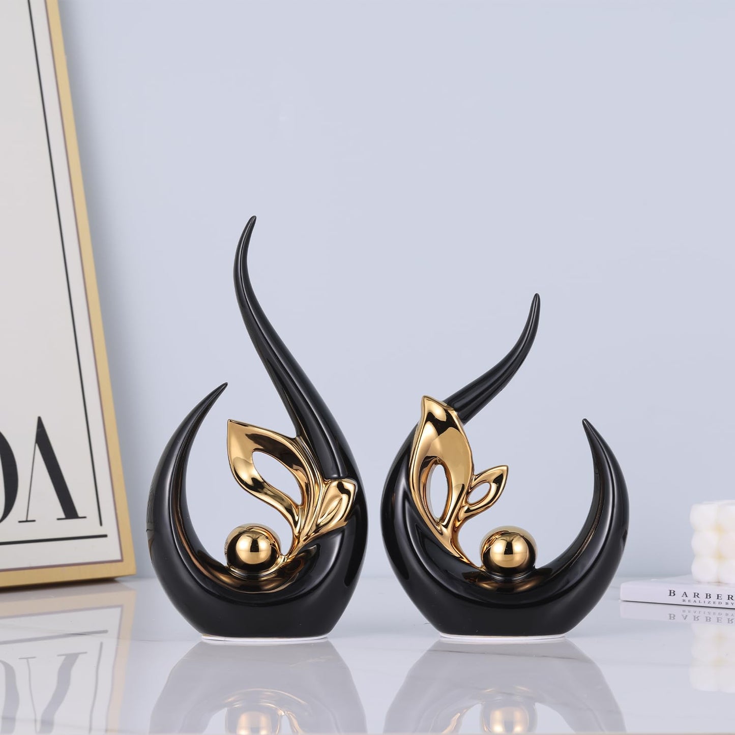 9.4" H Black Gold Abstract Sculptures Home Decor, Ceramic Art Statue Cool Stuff to Put on Shelves&tv Stand Decor, Gold Accent Entertainment Center, for Fireplace Coffee Table Dining Table Decorate