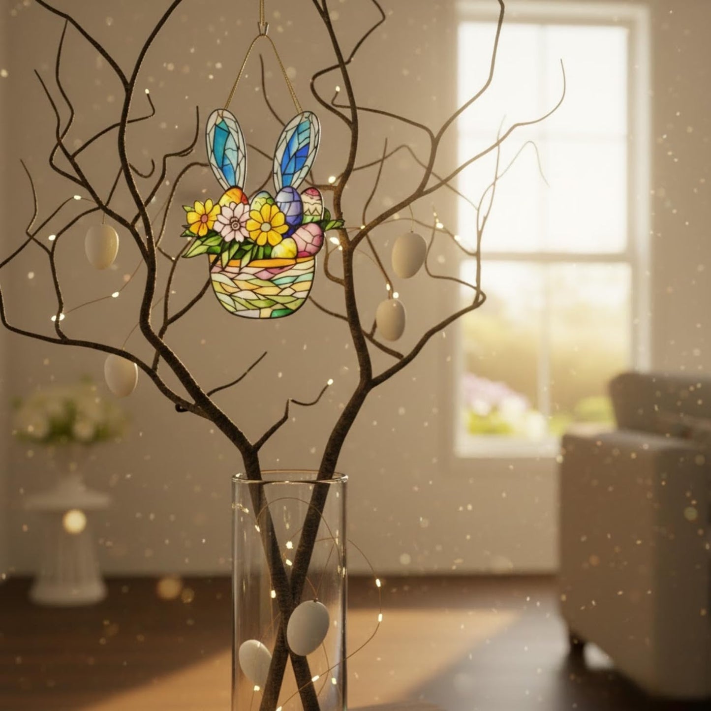 Floral Gifts for Women, Bunny in Flower Basket Acrylic Suncatcher, Faux Stained Glass Effect,Hanging Decoration for Window, Home, Cute, Whimsical Garden Suncatcher, Christmas Tree Decor
