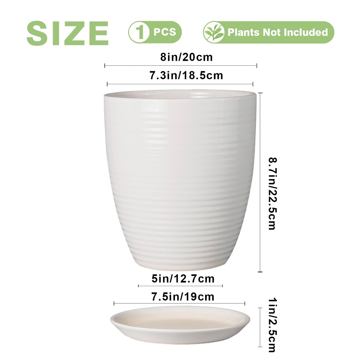 EPFamily 8 Inch Ceramic Planter Pot Round Plant Pot with Drainage Hole and Saucer Modern Flower Pot for Indoor Outdoor Plants White