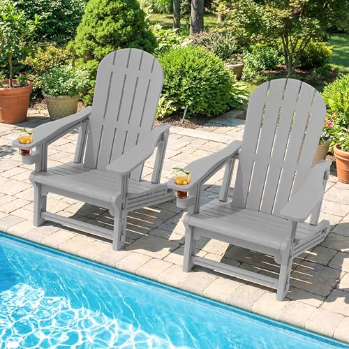 Shintenchi Adirondack Chairs Set of 2,HDPE Adirondack Chairs w/Removable Tablelop & Umbrella Hole,All-Weather Wooden Textured Plastic Outdoor Chairs w/Cup Holders for Garden Backyard Pool,Light Gray