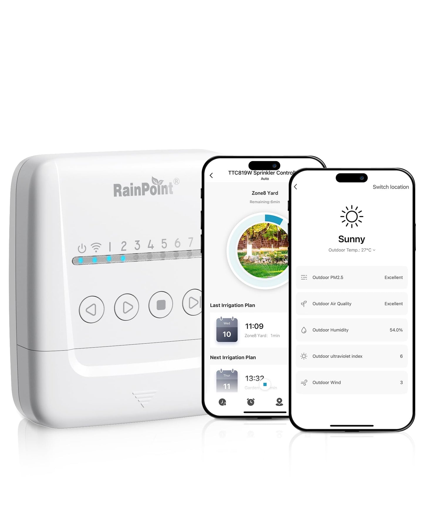 RAINPOINT Smart Sprinkler Controller, WiFi Sprinkler Controller 8 Zone-Local Weather Intelligence, Programmable Smart Irrigation System with APP Remote Control, Rain Skips, Rain Sensor Compatibility