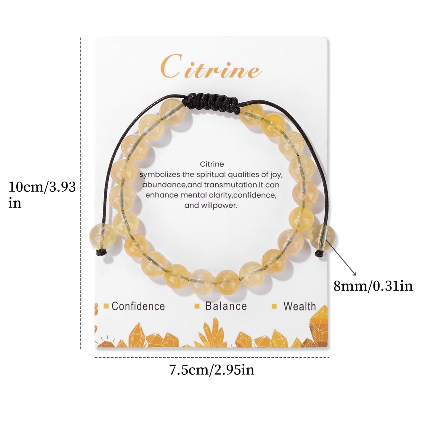 Citrine Bracelet for Women 8mm Handmade Adjustable Citrine Crystal Bracelet Natural Stone Citrine Beaded Bracelet Healing Crystal Bracelets Citrine Jewelry for Women