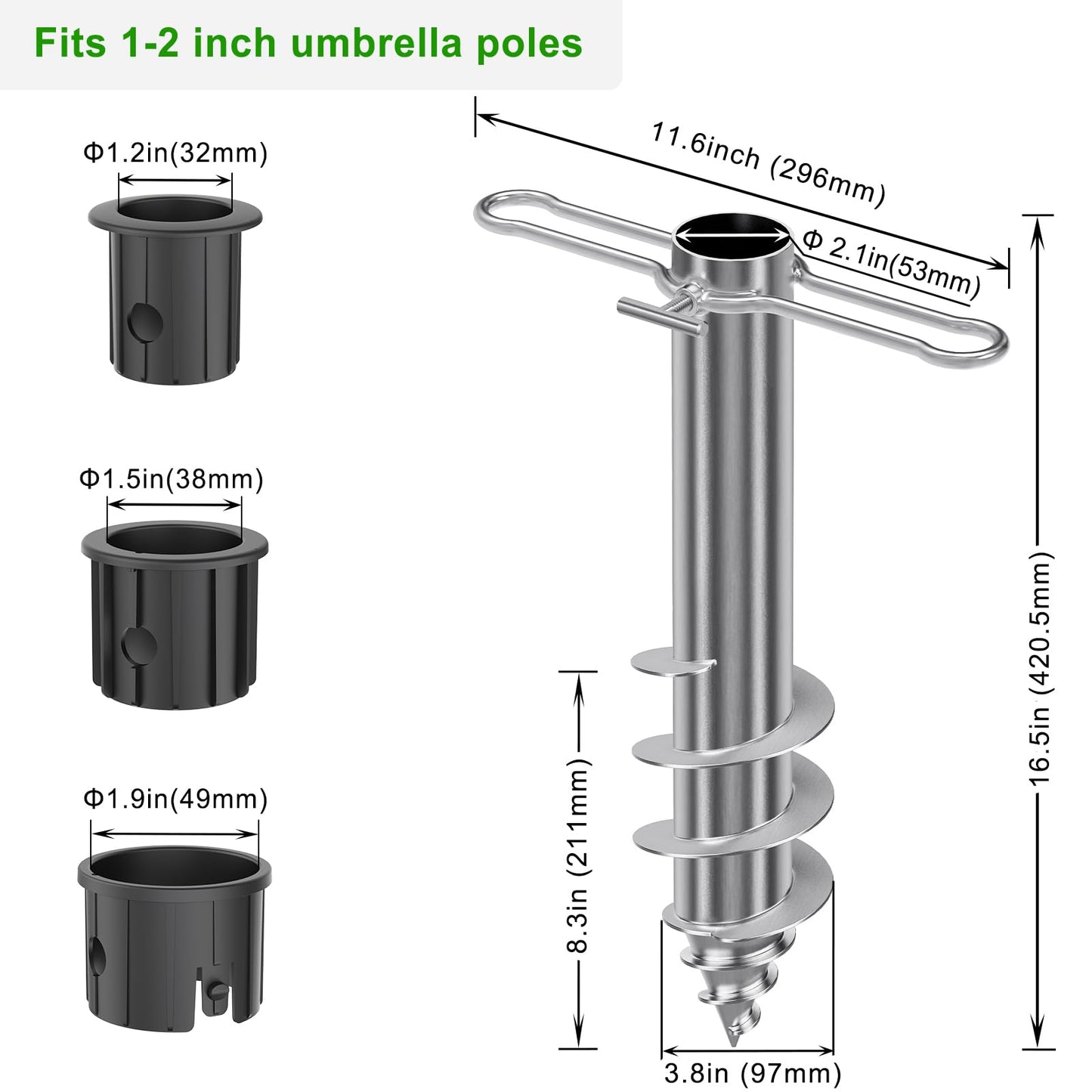 Dolibest Beach Umbrella Sand Anchor, Heavy-Duty Steel Beach Umbrella Holder with 3 Sleeves (Fits 1-2" Poles), Windproof Beach Umbrella Stake, Fully Welded Spiral Base Design for Ultimate Stability