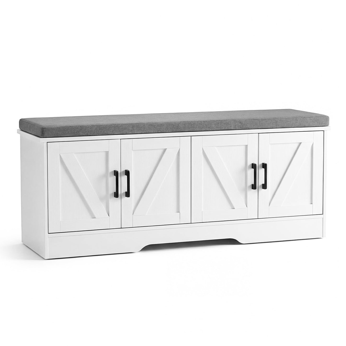 DUMOS Shoe Storage Bench, 47" Wide Shoe Organizer Cabinet with Padded Seat Cushion, 4 Doors, Adjustable Shelf for Entryway, Hallway, Bedroom, Living Room, White