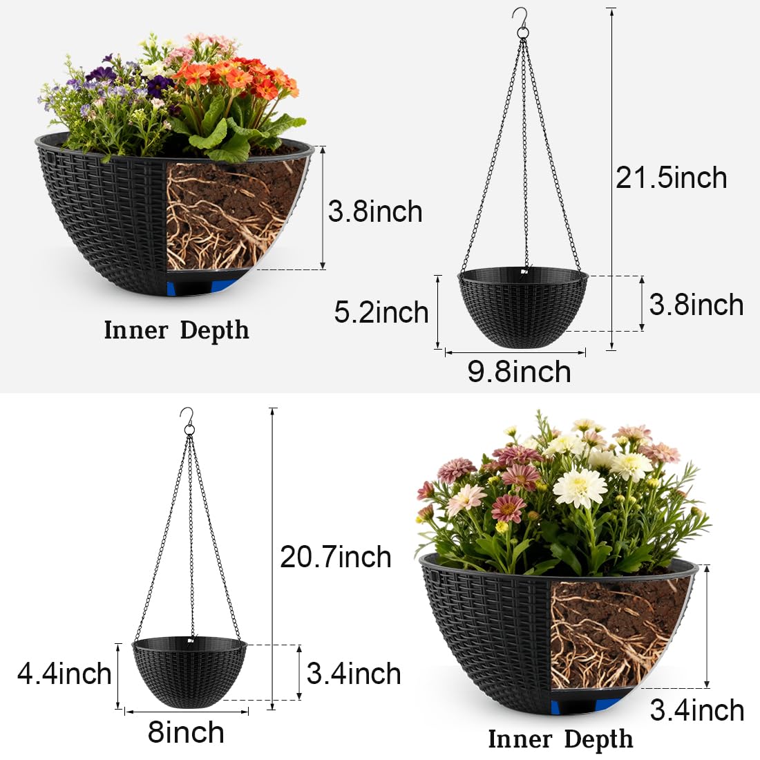 RooTrimmer Hanging Planters for Indoor Outdoor Plants 8 and 10 Inch, 4 Packs Hanging Flower Pot with Drainage Holes, Self-Watering Hanging Basket Perfect for Home, Office and Garden, Black