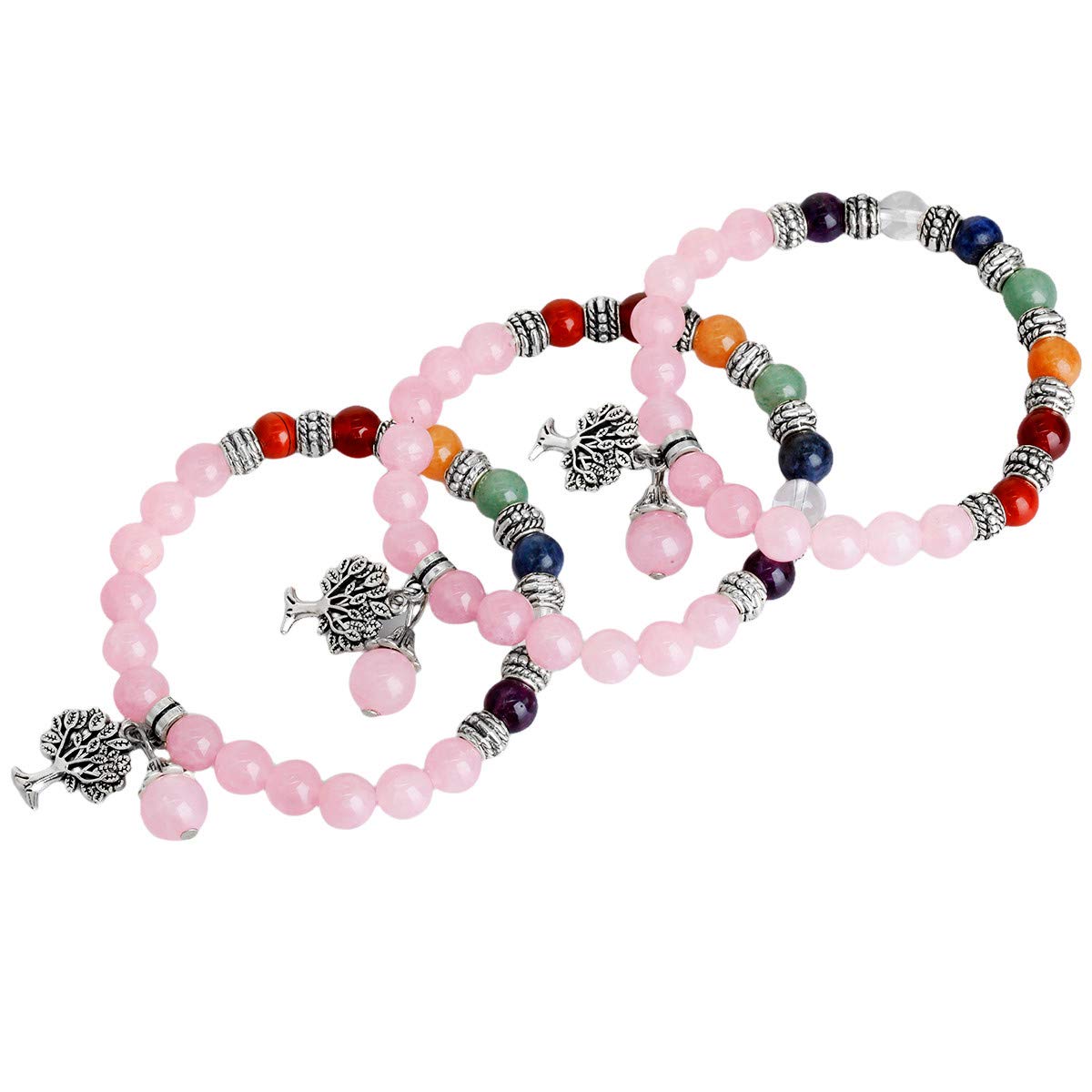 TUMBEELLUWA Beaded Bracelets Semi Precious Stone Yoga Beads Crystals Tree Charm Chakra Bracelet Handmade Jewelry for Women,Rose Quartz(7 Chakra)