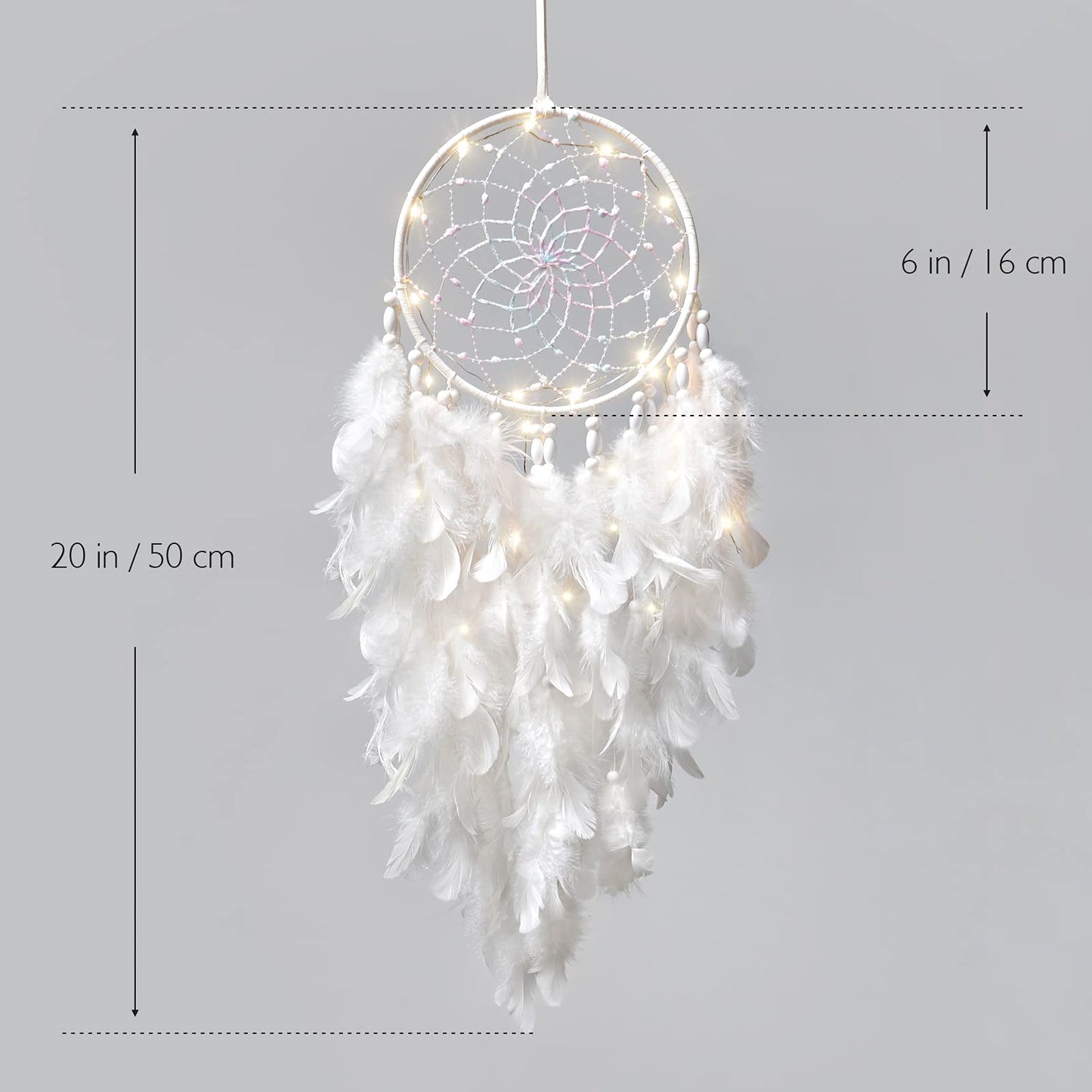 Dremisland White Feathers Dream Catcher Wall Hanging Elegant Wall Art Room Decoration for Windows Balcony Bedroom Wedding Party Gift for Girls and Kids (with Lights)