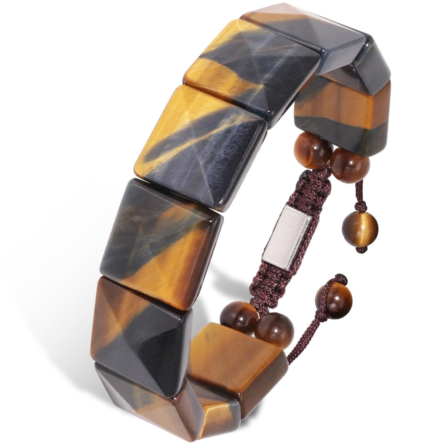 GALKCRST Tiger Eye Beaded Bracelet for Men Yellow and Blue Tiger Eye Bracelet, Natural Ctystal Stone, Faceted Square Flat Beads, Stainless Steel Chain with Adjustable Knot, Gift for Him