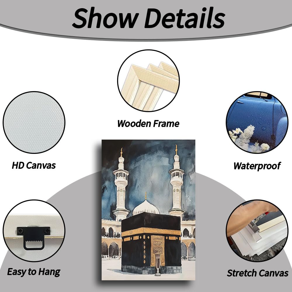 TIEHAOMAI Islamic Mosque Canvas Wall Art, Mecca Kaaba Poster Prints, Framed, 12x18 inch (30x45cm), Living Room, Bedroom, Office Decor