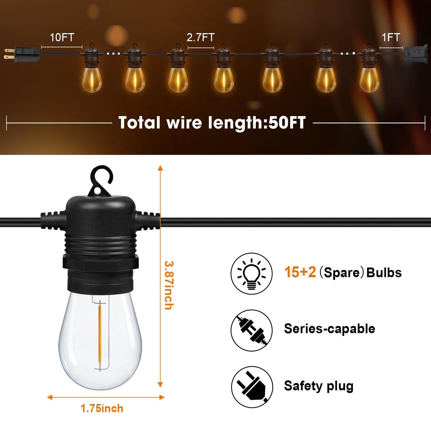 GvvooHome 50FT LED Outdoor String Lights with 16 Shatterproof Waterproof S14 Replaceable Bulbs(1 Spare), 2700K Commercial Grade Patio Lights, Outside Hanging Light for Yard Garden Porch Deck Decor