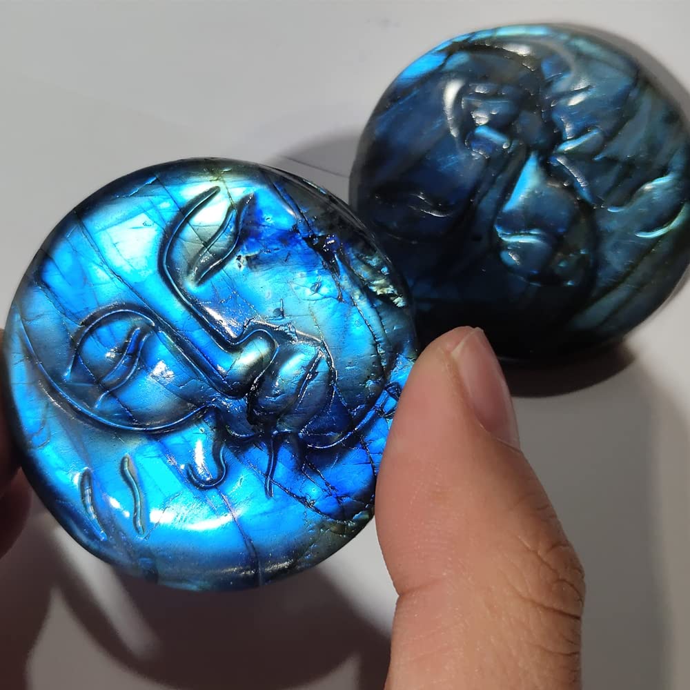 SaiDian 1Pcs Sun Moon Face Natural Labradorite Healing Sphere Stone Quartz Carved Crystal Ornaments Decor Reiki Minerals Meditation Home Decoration
