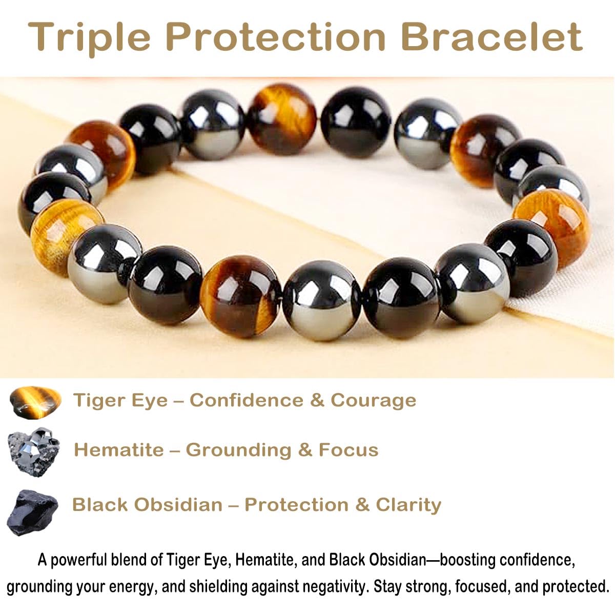 AD Beads Handmade Gemstone Stretch Elastic Bracelet Crystal Healing Reiki Nature's Beauty and Spiritual Essence Unisex (8mm, Triple Protection (Strong Protect))